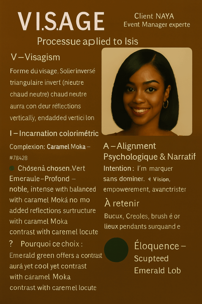 Processus V.I.S.A.G.E.™ : Isis, élégance structurée et nuance émeraude pour le profil Caramel Moka - 1024 pixels-1536 pixels