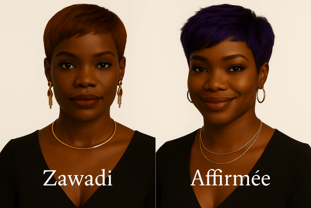 Portrait comparatif entre les perruques Zawadi et Affirmée sur deux femmes noires au style distinct, coupe pixie courte cuivrée et carré violet vibrant