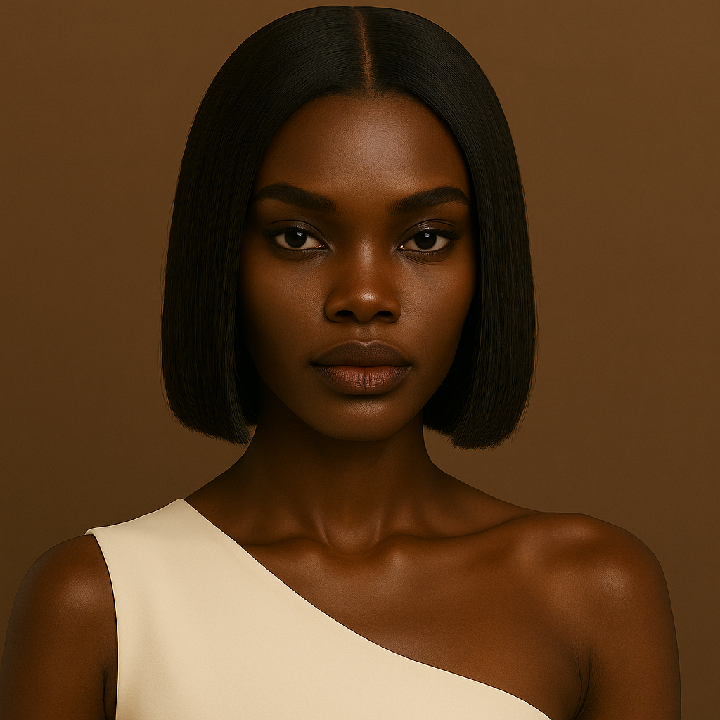 Découvrez comment Khadija, femme noire à la carnation ébène froid profond (#1B140D), a trouvé la perruque idéale grâce au processus V.I.S.A.G.E.™ de NAYA ÉLÉGANCE. Une coupe carrée structurée, sobre et élégante, parfaitement alignée avec son style Classique et son autorité tranquille. - 1024 pixels-1024 pixels - 1024 pixels-1024 pixels