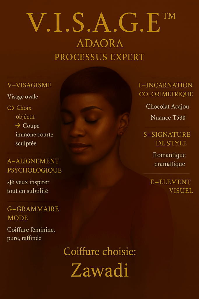 Illustration du processus V.I.S.A.G.E.™ appliqué à Adaora, femme noire au style charismatique avec coupe Pixie cuivrée - 1024 pixels-1536 pixels