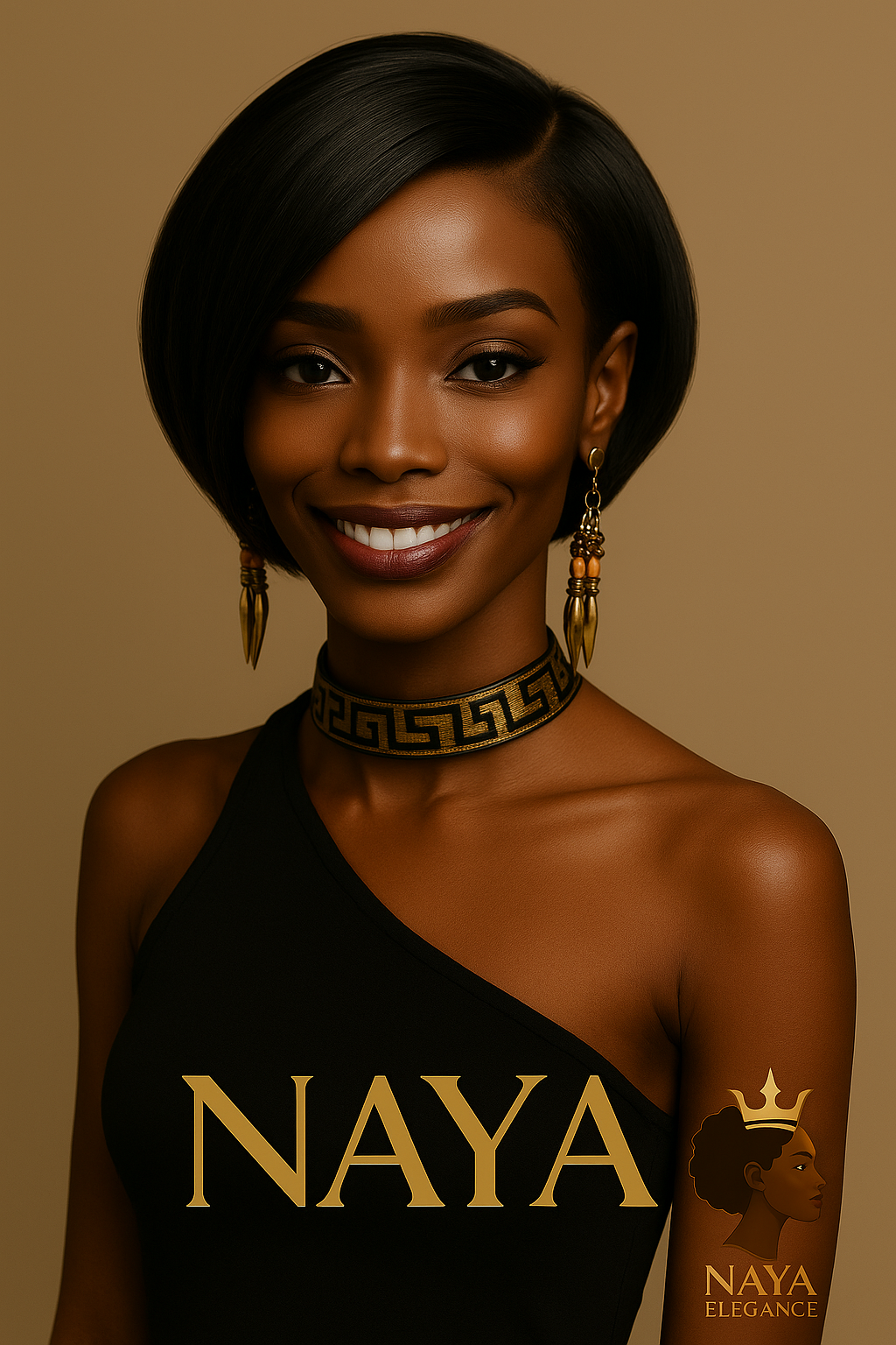 Mockup premium NAYA ÉLÉGANCE, style campagne éditoriale haute couture inspirée Dior et Chanel. Portrait en plein focus d’une femme africaine élégante portant une perruque Indian Remy Hair 100% naturel, aux longueurs soyeuses et au tombé fluide, avec un volume réaliste et une brillance satinée discrète. Fond neutre beige studio luxe, ambiance minimaliste et raffinée. Texte intégré en typographie sobre et chic « Quiz NAYA : Quelle perruque révèle votre vraie beauté ? » avec logo NAYA doré en bas, signature élégante et professionnelle.